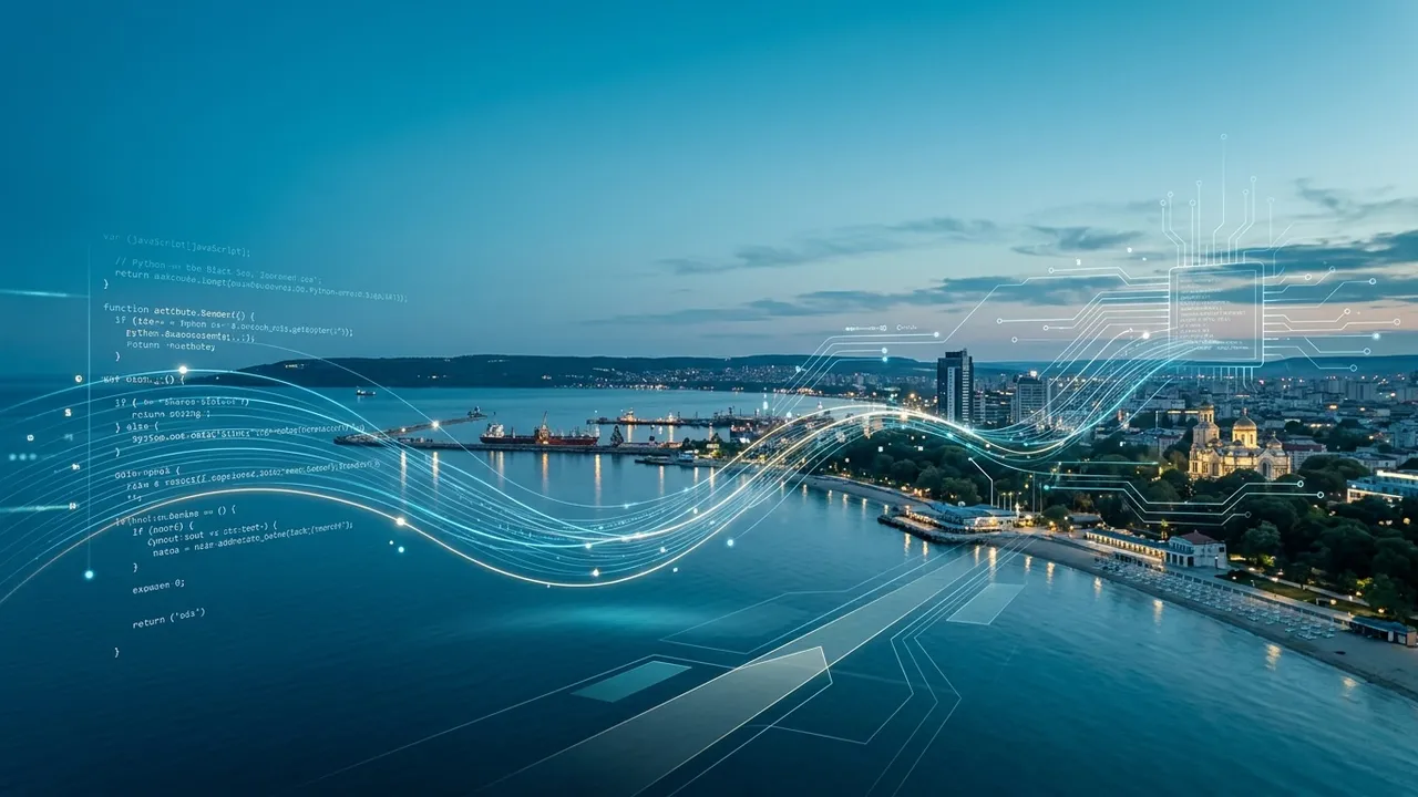 Aerial view of a coastal city at dusk, overlaid with glowing data streams, circuit traces and lines of code symbolizing software development. AI-generated illustration.